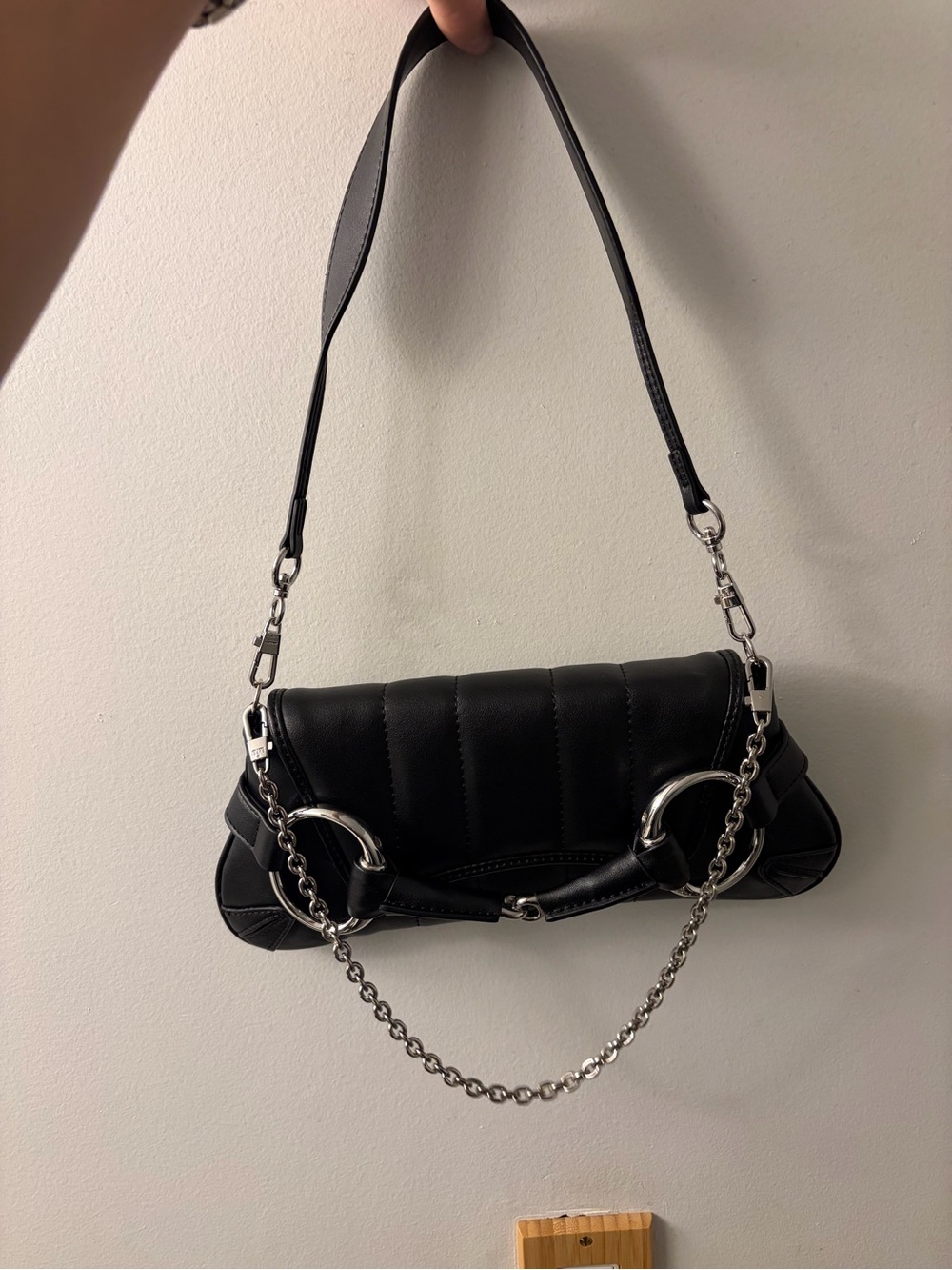 Black real leather Shoulder Bag with Silver Chain